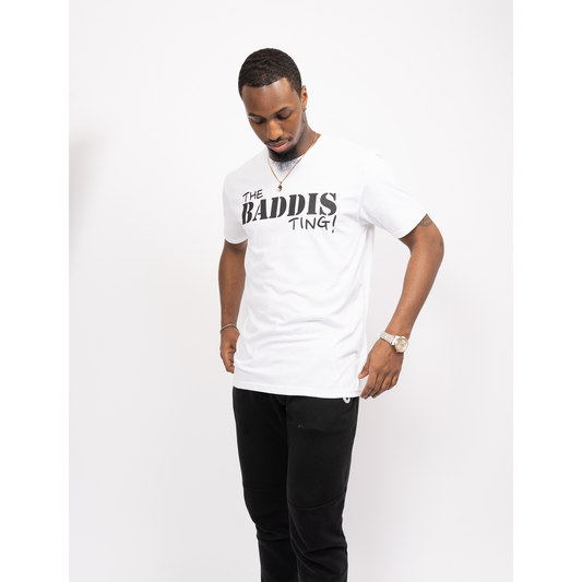 Male Model is wearing The Baddis Ting Unisex White Soft Style T Shirt